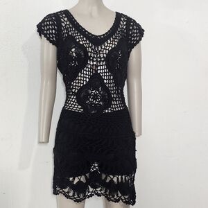 Together Black Lace Crochet Sheer Tunic Womens Sz S/M